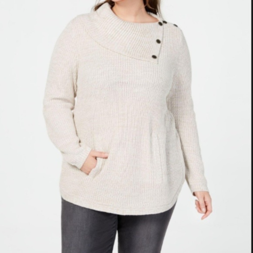 Style & Co cream envelope neck, kangaroo pocket  knit sweater. Size 2X.